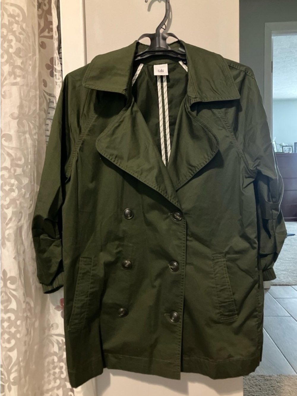 CAbi Olive Green Double-Breasted Trench Jacket